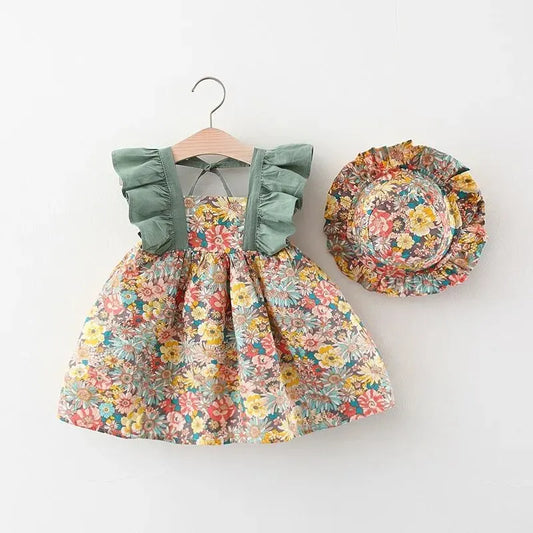 Floral princess dress for infants with matching hat, charming sleeveless summer outfit for 0-3 year old, fragmented flower design